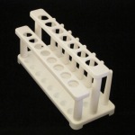 Test Tube Rack, Polypropylene Length: 223 mm. Width: 90 mm. Height: 110 mm.
8 holes with 18 mm ID. 7 holes with 22 mm ID.
8 pegs with diameter of 10 mm and a height of 75 mm.