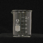 Beaker, Borosilicate, Low Form Capacity 50ml. Graduation range 10-40ml. OD 42mm. Height 60mm. Graduation 10ml. (BOMEX Brand)