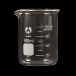 Beaker, Borosilicate, Low Form Capacity 100ml. Graduation range 20-80ml. OD 50mm. Height 70mm. Graduation 10ml. (BOMEX Brand)