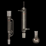 Soxhlet Extraction Apparatus, FBF Flat bottom flask, capacity 100mL, 24/40 joint.
Extractor details: 50mL capacity, 34/45 top outer, 24/40 lower inner joints.
Condenser details: 34/45 lower inner joint.