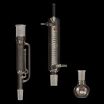 Soxhlet Extraction Apparatus, FBF Flat bottom flask, capacity 100mL, 24/40 joint.
Extractor details: 50mL capacity, 34/45 top outer, 24/40 lower inner joints.
Condenser details: 34/45 lower inner joint.