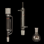 Soxhlet Extraction Apparatus, FBF Flat bottom flask, capacity 250mL, 24/40 joint.
Extractor details: 38mm OD, 85mL capacity, 45/50 top outer, 24/40 lower inner joints.
Condenser details: 45/50 lower inner joint, length between hose connections 200mm, overall length 410mm, body OD 55mm, jacket OD 35mm, coil OD 5mm.
