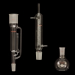 Soxhlet Extraction Apparatus, FBF Flat bottom flask, capacity 250mL, 24/40 joint.
Extractor details: 38mm OD, 85mL capacity, 45/50 top outer, 24/40 lower inner joints.
Condenser details: 45/50 lower inner joint, length between hose connections 200mm, overall length 410mm, body OD 55mm, jacket OD 35mm, coil OD 5mm.