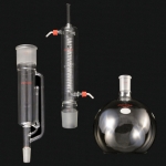 Soxhlet Extraction Apparatus, FBF Flat bottom flask, capacity 2000mL, 24/40 joint.
Extractor details: 200mL extraction capacity, 55/50 top outer, 24/40 lower inner joints.  50mm body OD, overall length 350mm
Condenser details: 55/50 lower inner joint, length between hose connections 200mm, overall length 400mm, body OD 55mm, jacket OD 35mm, coil OD 5mm.