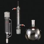 Soxhlet Extraction Apparatus, FBF Flat bottom flask, capacity 2000mL, 24/40 joint.
Extractor details: 200mL extraction capacity, 55/50 top outer, 24/40 lower inner joints.  50mm body OD, overall length 350mm
Condenser details: 55/50 lower inner joint, length between hose connections 200mm, overall length 400mm, body OD 55mm, jacket OD 35mm, coil OD 5mm.