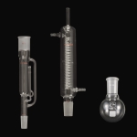 Soxhlet Extraction Apparatus, RBF Round bottom flask, capacity 100mL, 24/40 joint.
Extractor details: 50mL capacity, 34/45 top outer, 24/40 lower inner joints.
Condenser details: 34/45 lower inner joint.