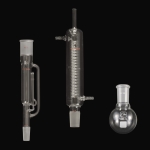 Soxhlet Extraction Apparatus, RBF Round bottom flask, capacity 100mL, 24/40 joint.
Extractor details: 50mL capacity, 34/45 top outer, 24/40 lower inner joints.
Condenser details: 34/45 lower inner joint.