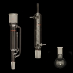 Soxhlet Extraction Apparatus, RBF Round bottom flask, capacity 250mL, 24/40 joint.
Extractor details: 38mm ID, 85mL capacity, 45/50 top outer, 24/40 lower inner joints.
Condenser details: 45/50 lower inner joint, length between hose connections 200mm, overall length 390mm, body OD 55mm, jacket OD 38mm, coil OD 5mm.