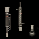 Soxhlet Extraction Apparatus, RBF Round bottom flask, capacity 250mL, 24/40 joint.
Extractor details: 38mm ID, 85mL capacity, 45/50 top outer, 24/40 lower inner joints.
Condenser details: 45/50 lower inner joint, length between hose connections 200mm, overall length 390mm, body OD 55mm, jacket OD 38mm, coil OD 5mm.