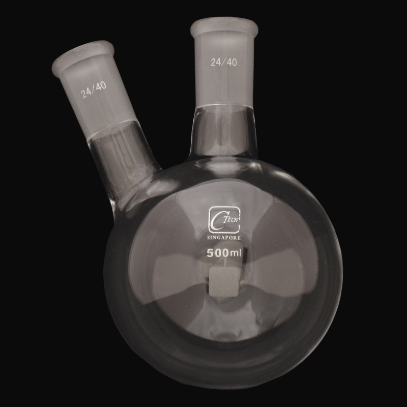 24/40 Side Joint Round Bottom 500 mL Capacity Heavy Wall ACE Glass 6927-222 Two Angled Side Neck Boiling Flask 24/40 Center Joint 