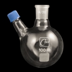 2 Neck Round Bottom Flasks, Angled Inlet, Heavy Wall Capacity: 100mL. Center neck: 14/20 ground joint. Side neck: screw cap inlet.