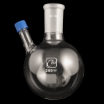 2 Neck Round Bottom Flasks, Angled Inlet, Heavy Wall Capacity: 250mL. Center neck: 24/40 ground joint. Side neck: screw cap inlet.