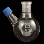 2 Neck Round Bottom Flasks, Angled Inlet, Heavy Wall Capacity: 50mL. Center neck: 14/20 ground joint. Side neck: screw cap inlet.