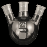 3 Neck Round Bottom Flasks, Angled, Heavy Wall, Low Capacity Capacity 100ml. Center joint size 14/20. Side joint size 14/20.