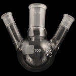 3 Neck Round Bottom Flasks, Angled, Heavy Wall, Low Capacity Capacity 100mL. Center joint size 24/40. Side joint size 14/20.