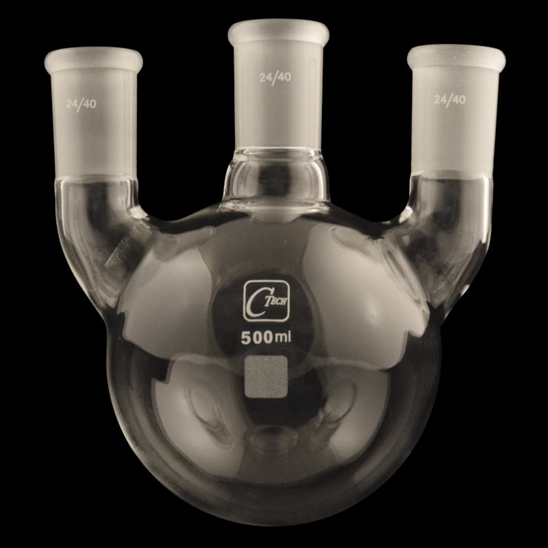 500 mL Capacity 29/42 Center Joint Round Bottom 24/40 Side Joint Heavy Wall Angled ACE Glass 6948-222 Three Neck Boiling Flask 