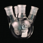 4 Neck Round Bottom Flasks, Angled, Heavy Wall, Low Capacity Capacity 100mL. Center Joint size 14/20. Side joints size 14/20.