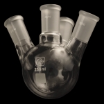 4 Neck Round Bottom Flasks, Angled, Heavy Wall Capacity 250mL. Center Joint size 24/40. Side joints size 24/40.