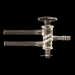 Double Oblique Bore Stopcock, High Vacuum, Solid Glass Plug Bore size 4mm. Plug size 16.2/56mm. Sidearms OD 10mm. Serrated hose connection on opposite side.
