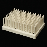 Test Tube / Drying Rack, Polypropylene Pegs/holes: 117/96. Color: white.
Length: 7 in. Width: 5 in. Height: 2 1/2 in.
Peg diameter: 3/16 in. Peg height: 1 3/4 in. Space between pegs: 5/16 in.