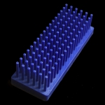 Test Tube / Drying Rack, Polypropylene Pegs/holes: 102/80. Color: Blue.
Length: 9 in. Width: 3 1/4 in. Height: 2 1/2 in.
Peg diameter: 3/16 in. Peg height: 1 3/4 in. Space between pegs: 5/16 in.